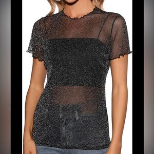 SHEIN Black Sparkle Sheer Blouse
